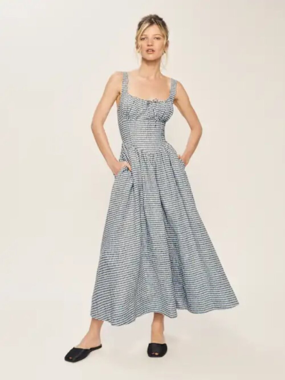 Reformation Balia Linen Dress in Slate Check